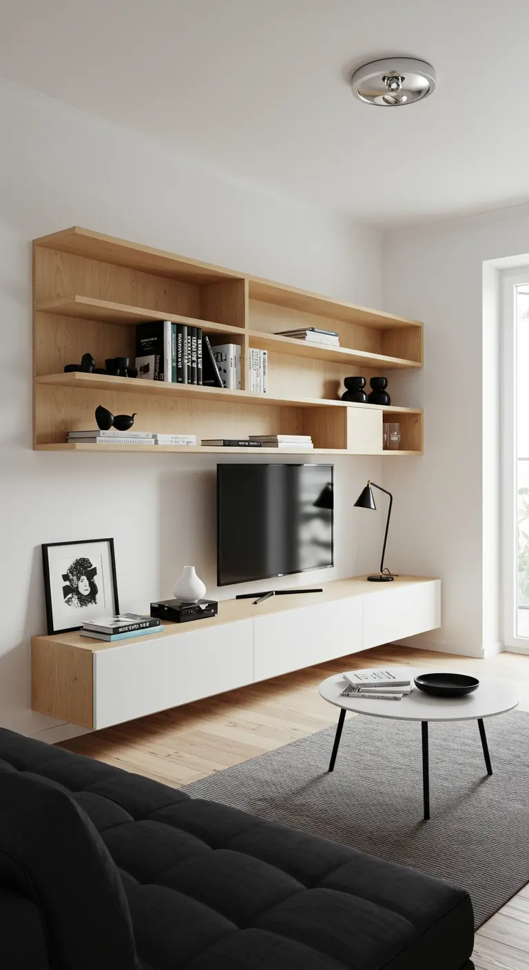 Meuble TV mural composé d'étagères en bois clair et de caissons blancs dans un salon moderne.