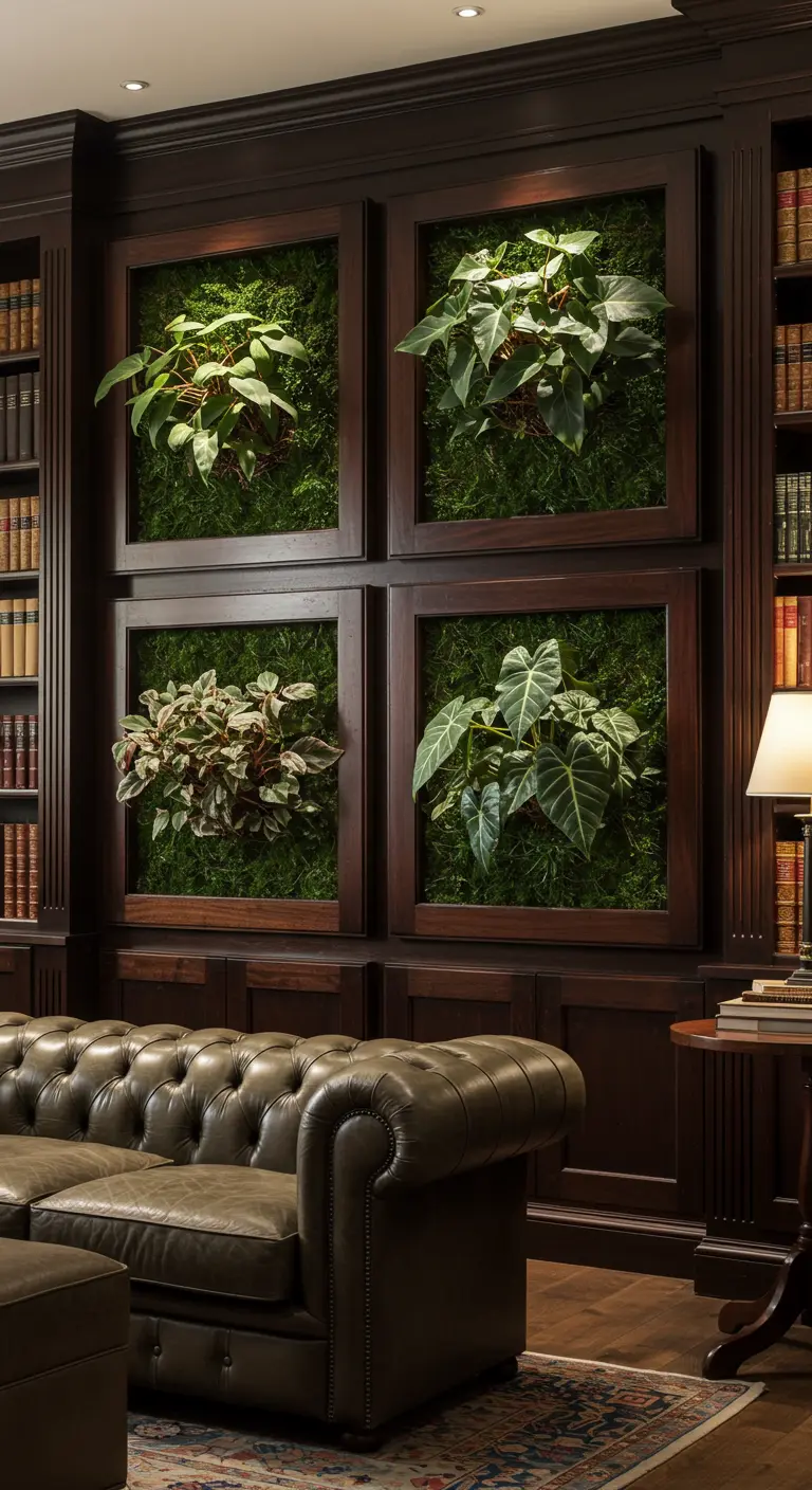 Quatre cadres en bois foncé encastrés dans une bibliothèque, chacun contenant une composition végétale luxuriante.