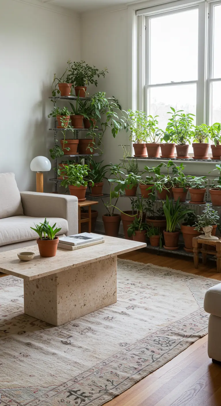 Un mur d'étagères rempli de nombreuses plantes en pot à côté d'un canapé.