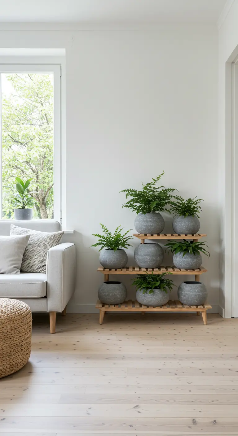 Étagère en bois à plusieurs niveaux remplie de fougères dans des pots en pierre grise.