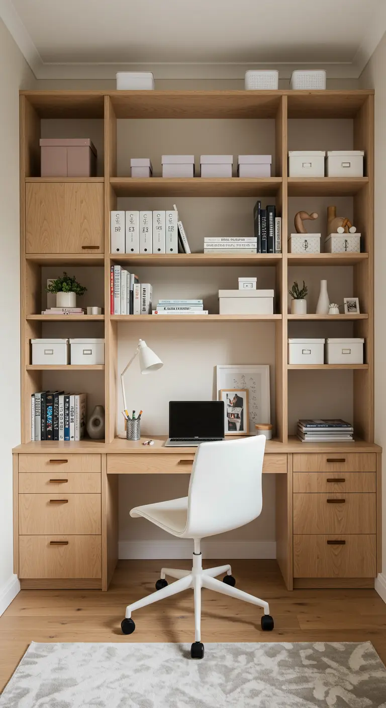 Grande bibliothèque en bois clair avec un bureau intégré dans une niche centrale.