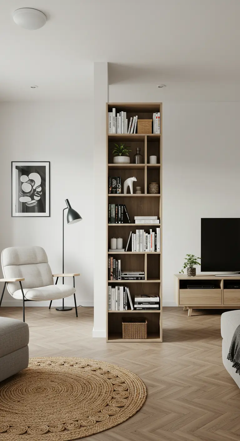 Bibliothèque haute et fine servant de séparation pour un coin fauteuil.