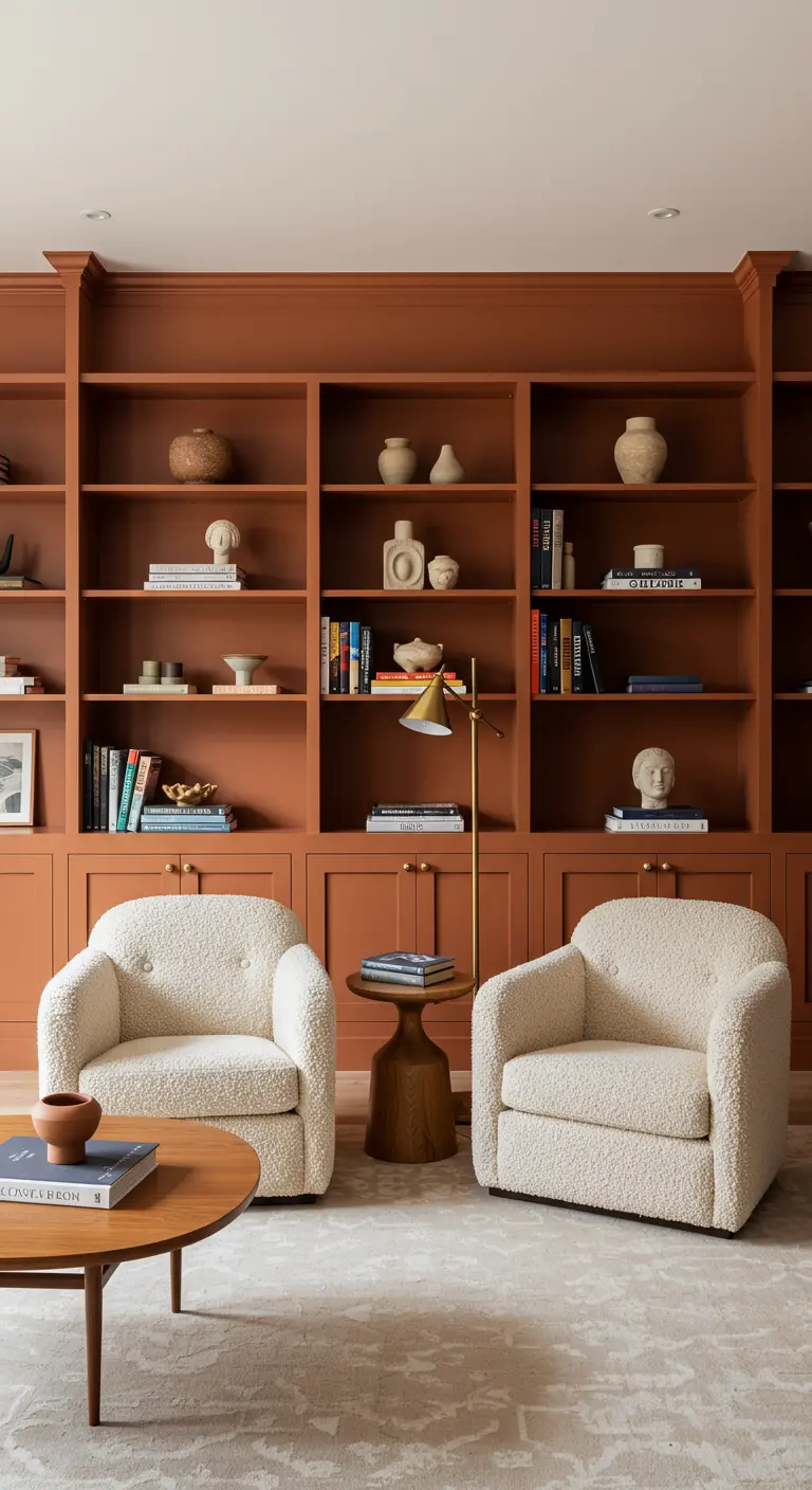Bibliothèque murale peinte en terracotta avec deux fauteuils bouclette blancs.