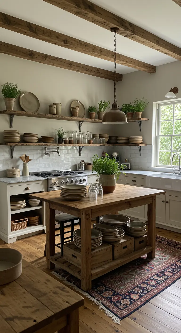 Cuisine rustique avec étagères ouvertes remplies d'assiettes en céramique et de plantes.