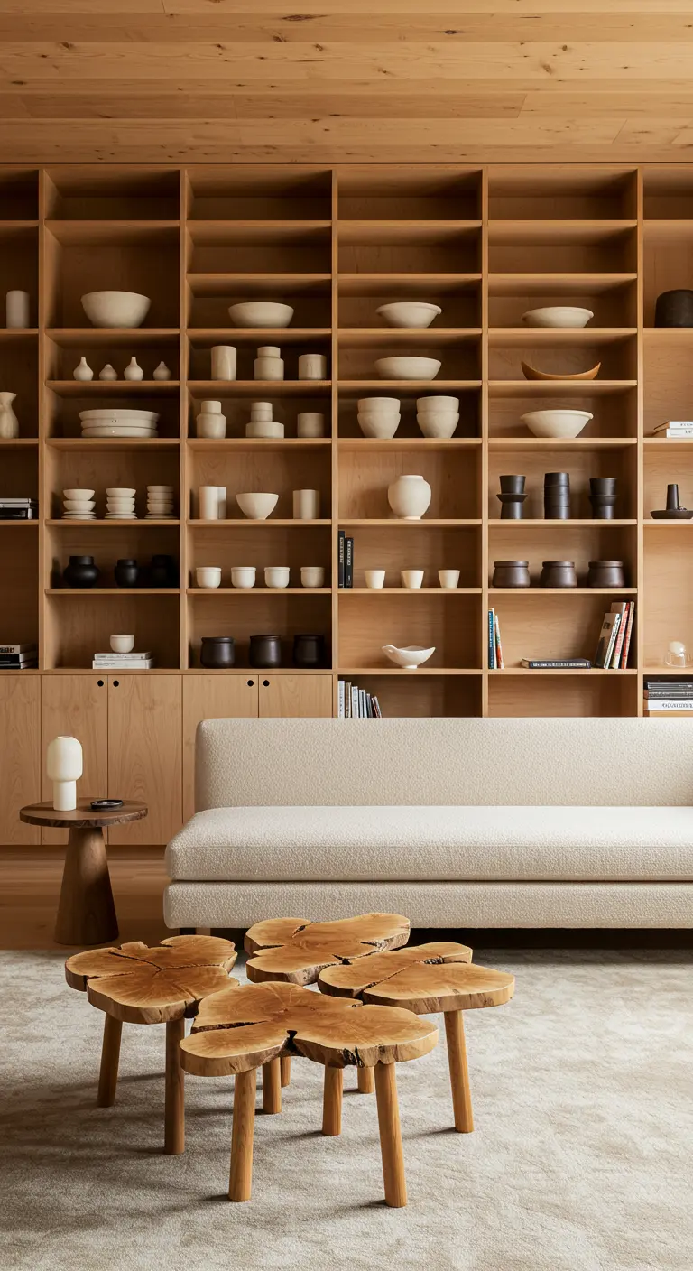 Grande étagère en bois remplie de poteries en céramique minimaliste.