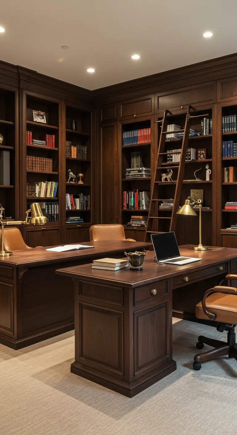 Bureau majestueux en bois sombre avec des bibliothèques intégrées et une échelle.