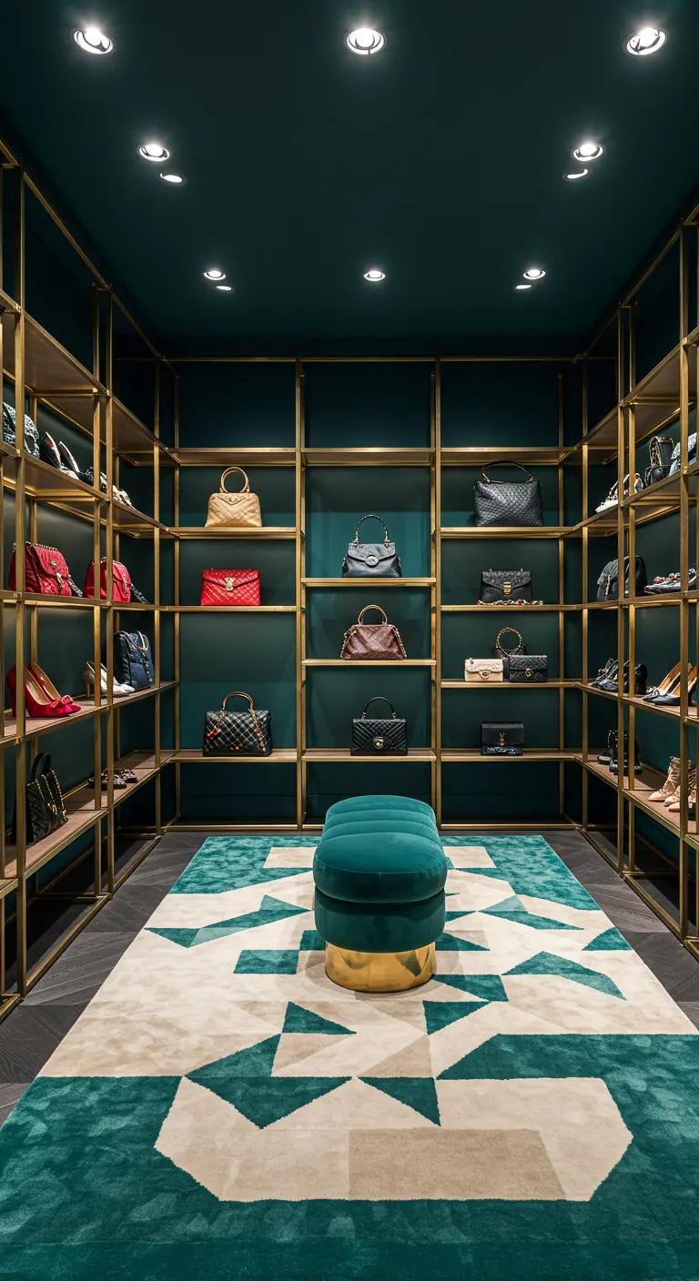 Étagères ouvertes dorées et vertes exposant une collection de sacs à main.