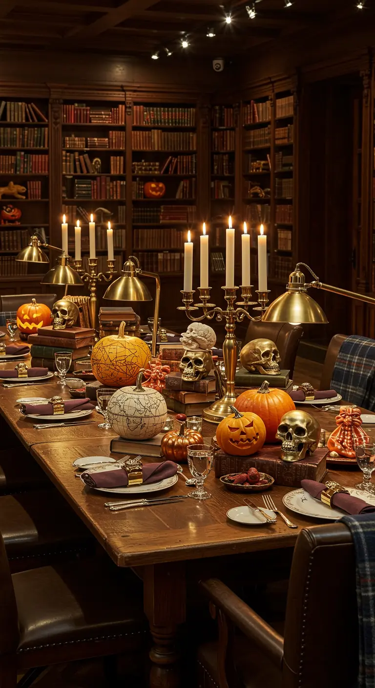 Table de salle à manger dans une bibliothèque avec citrouilles, livres et crânes dorés