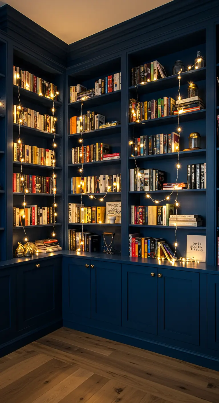 Bibliothèque bleu foncé dont les étagères sont décorées de guirlandes lumineuses.