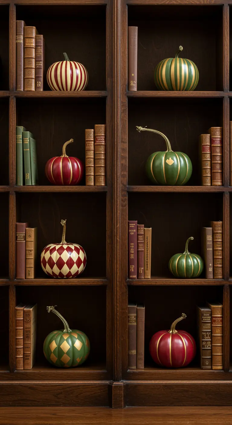 Bibliothèque en bois sombre avec des citrouilles peintes de motifs à rayures et à losanges.