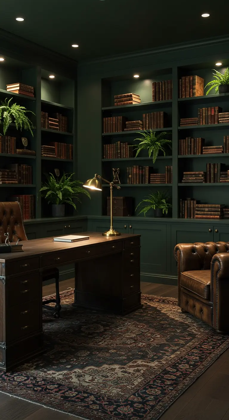 Bureau en bois sombre dans une bibliothèque vert foncé avec un fauteuil Chesterfield.