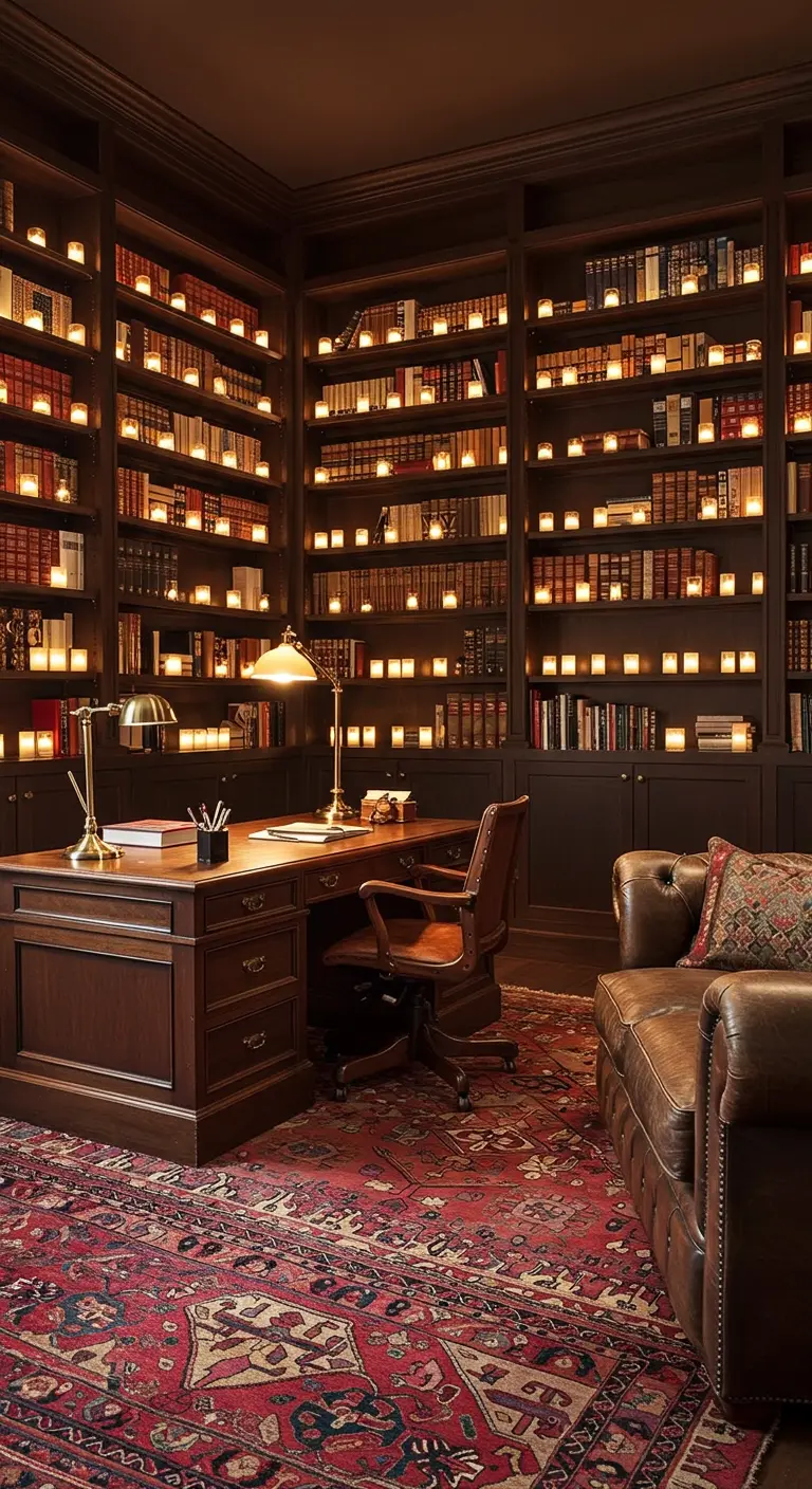 Grande bibliothèque en bois sombre éclairée par de nombreuses bougies LED sur chaque étagère.