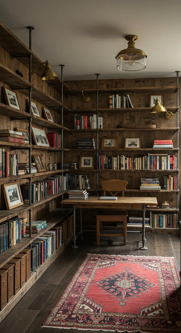 Bureau intégré dans une immense bibliothèque murale faite de tuyaux de plomberie et de bois.
