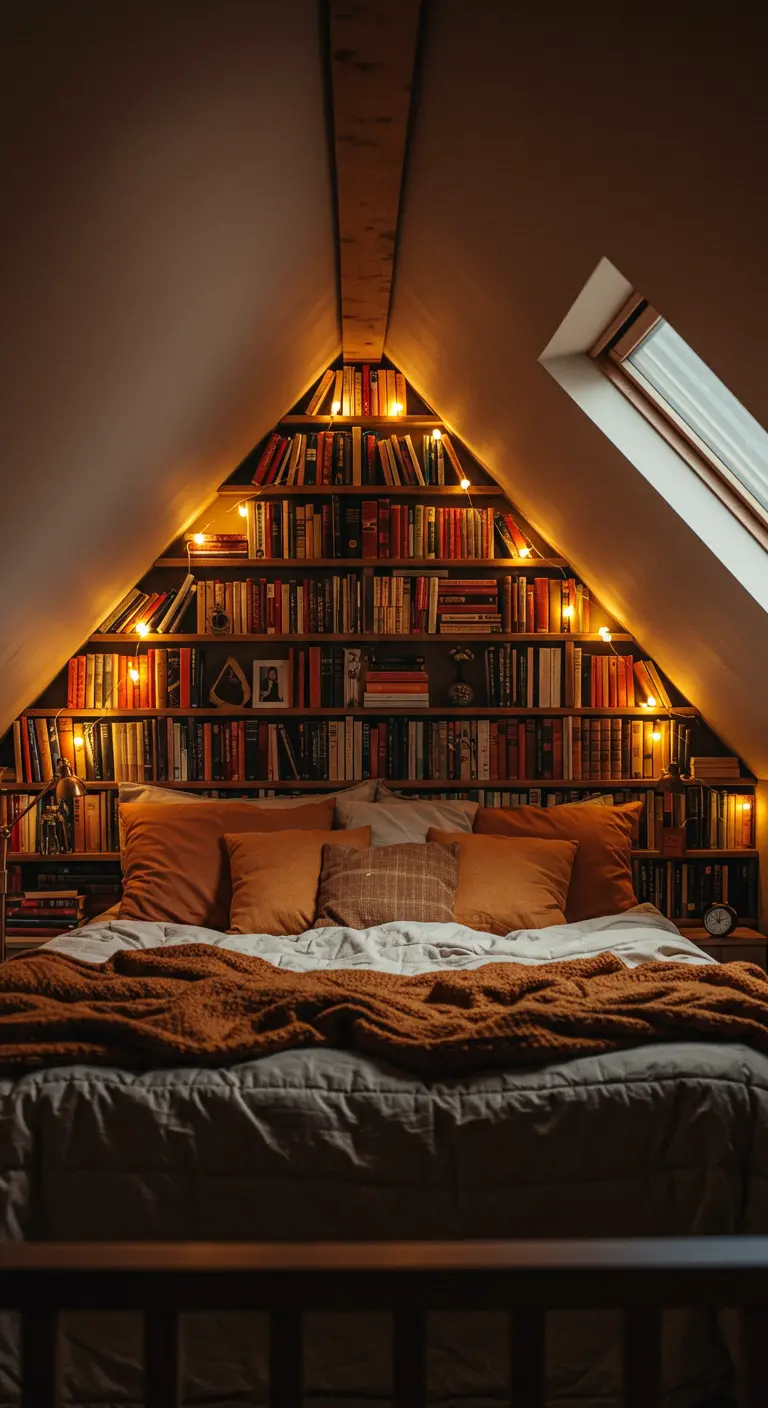 Un lit sous les combles avec une bibliothèque en guise de tête de lit, illuminée de guirlandes.