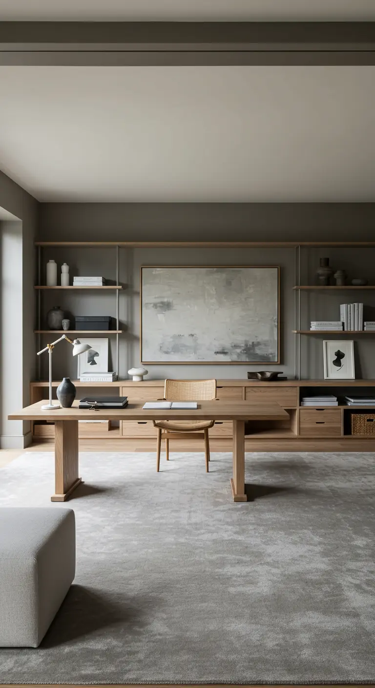 Grand bureau en bois intégré dans une bibliothèque murale grise sur mesure.