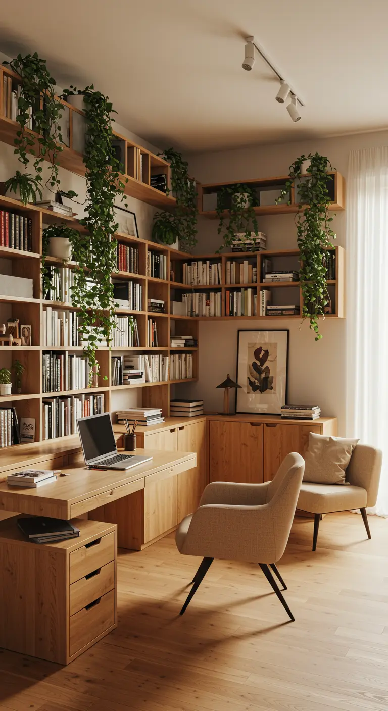 Bureau en bois intégré dans une bibliothèque murale avec plantes.