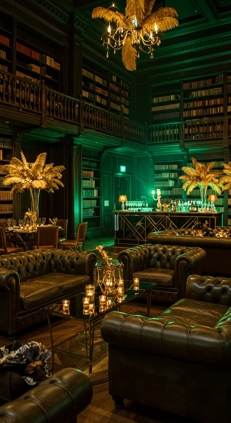 Bibliothèque éclairée en vert avec des fauteuils en cuir et des décorations dorées.