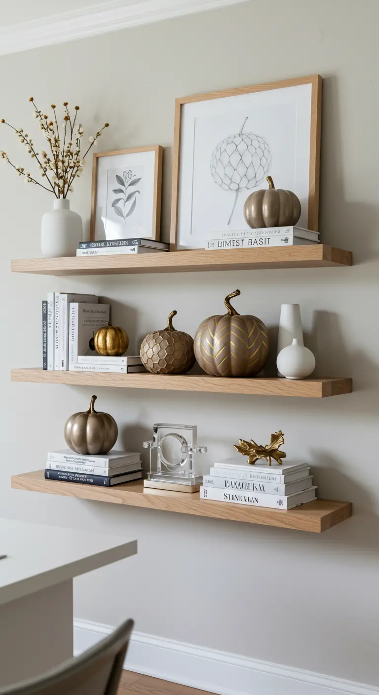 Étagères en bois clair avec des livres, des vases et des citrouilles dorées et texturées.