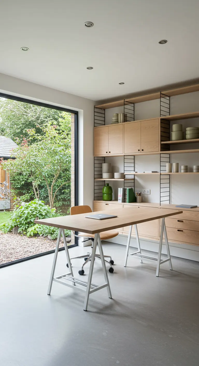 Bureau lumineux avec étagères modulaires en bois et métal face à une grande baie vitrée.