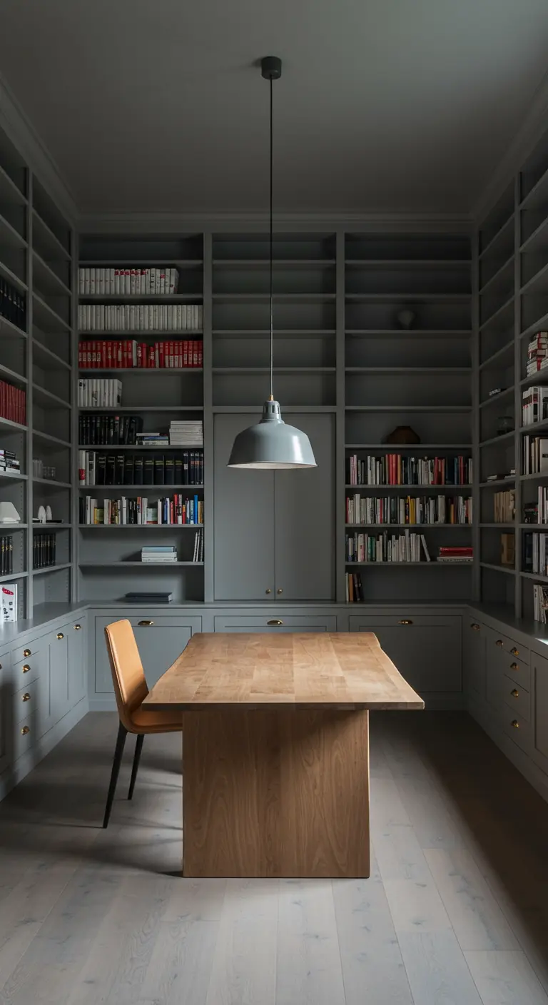 Grand bureau en bois au centre d'une pièce avec des bibliothèques grises du sol au plafond.