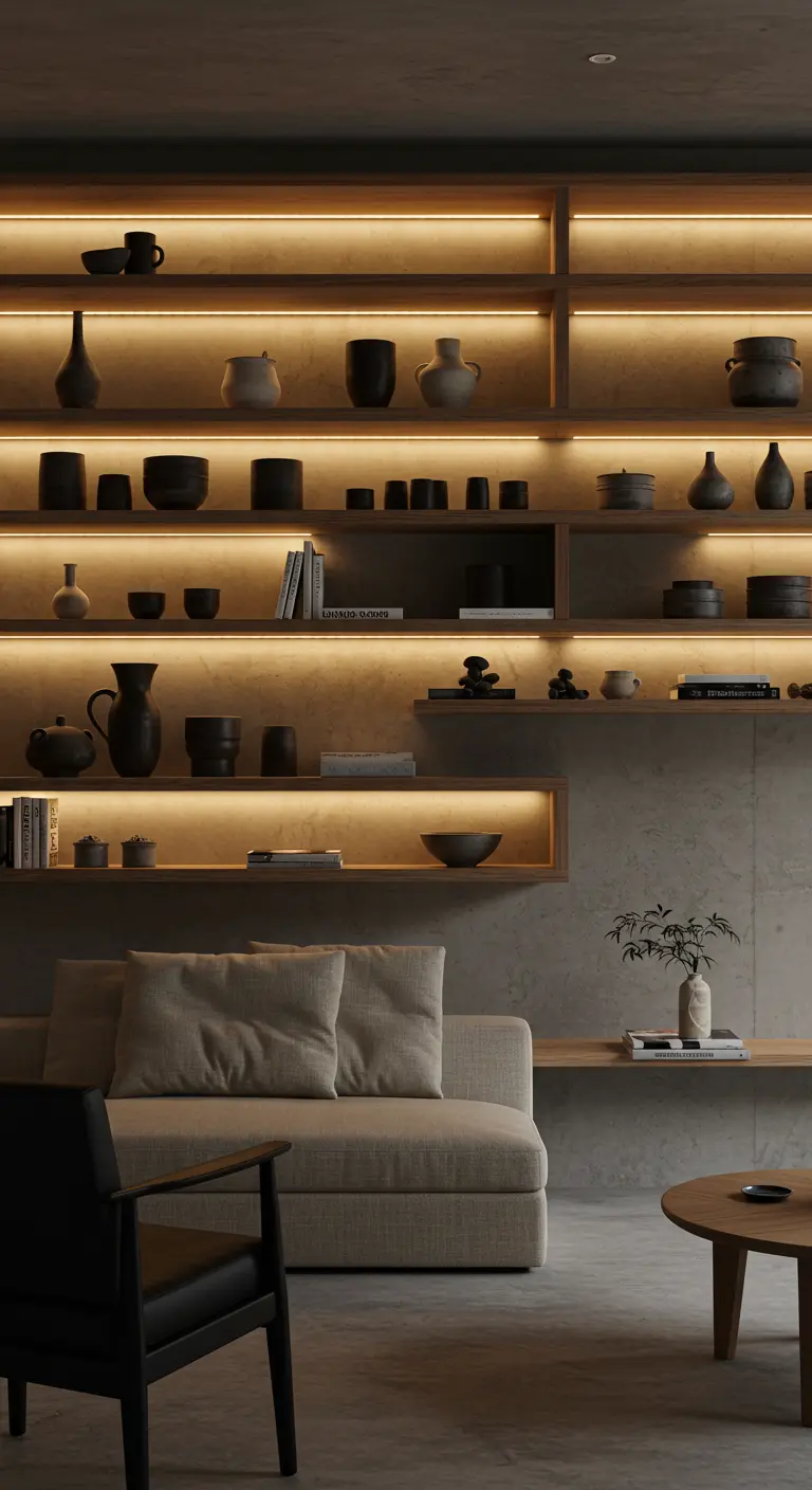 Étagères en bois avec éclairage LED intégré mettant en valeur des poteries.
