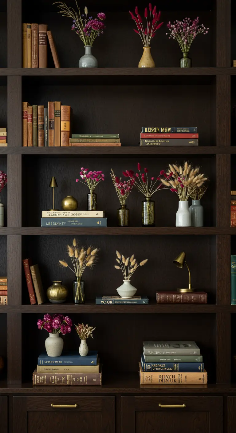 Bibliothèque sombre dont les étagères sont décorées de petits vases de fleurs séchées colorées.