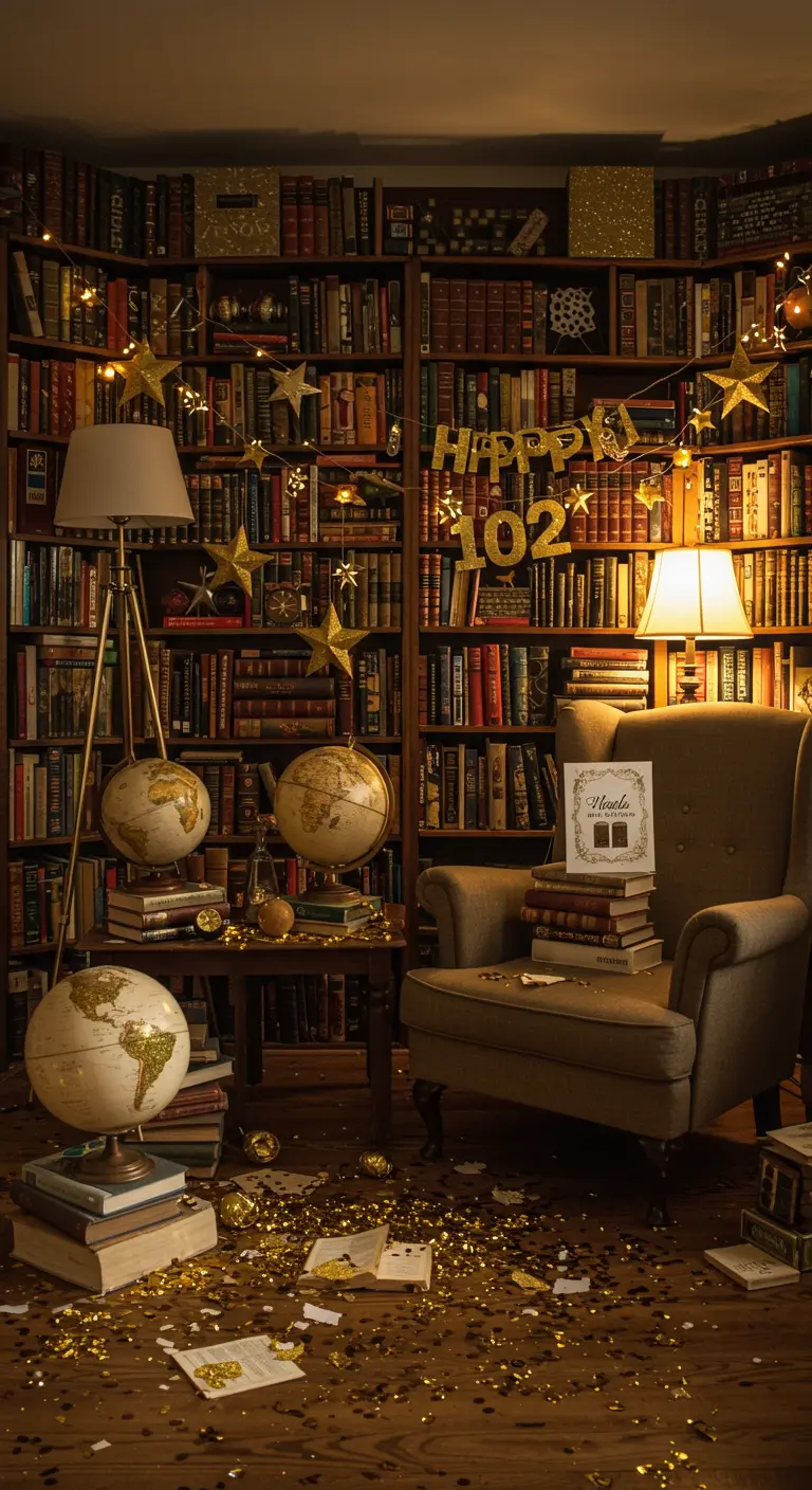 Photobooth bibliothèque avec étagères de livres, étoiles dorées, globes, fauteuil et confettis.
