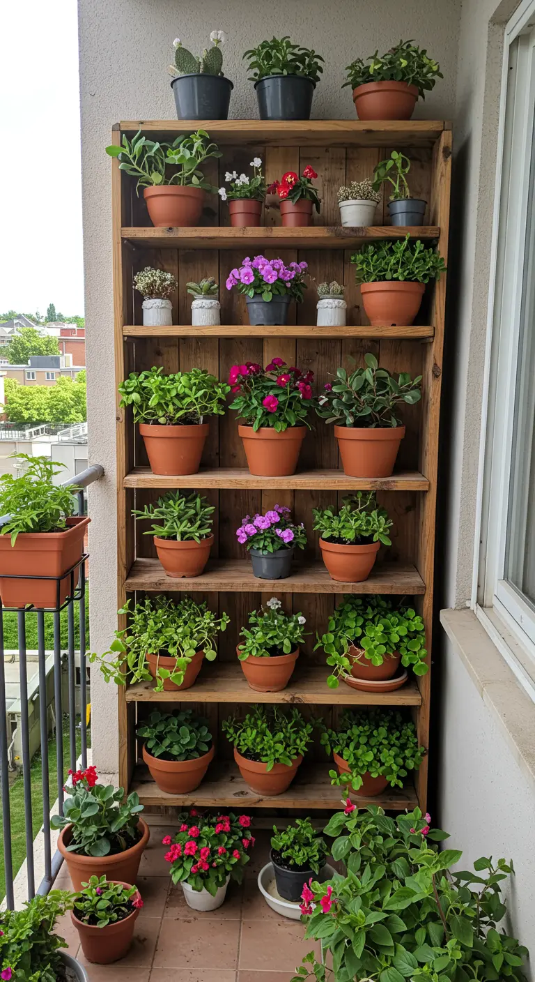 Haute étagère en bois remplie d'une grande variété de petites plantes en pot.