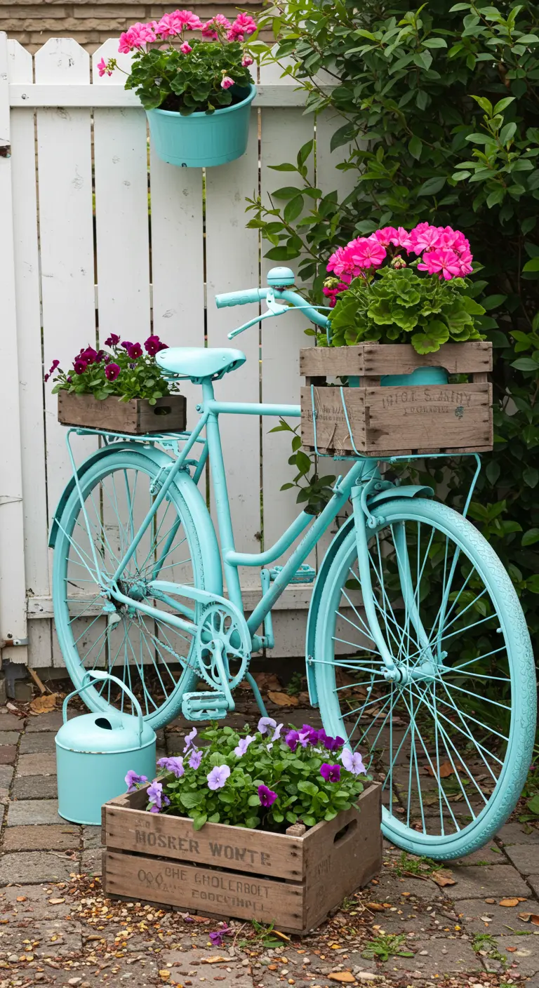 Vélo turquoise décoré de caisses en bois servant de jardinières fleuries.