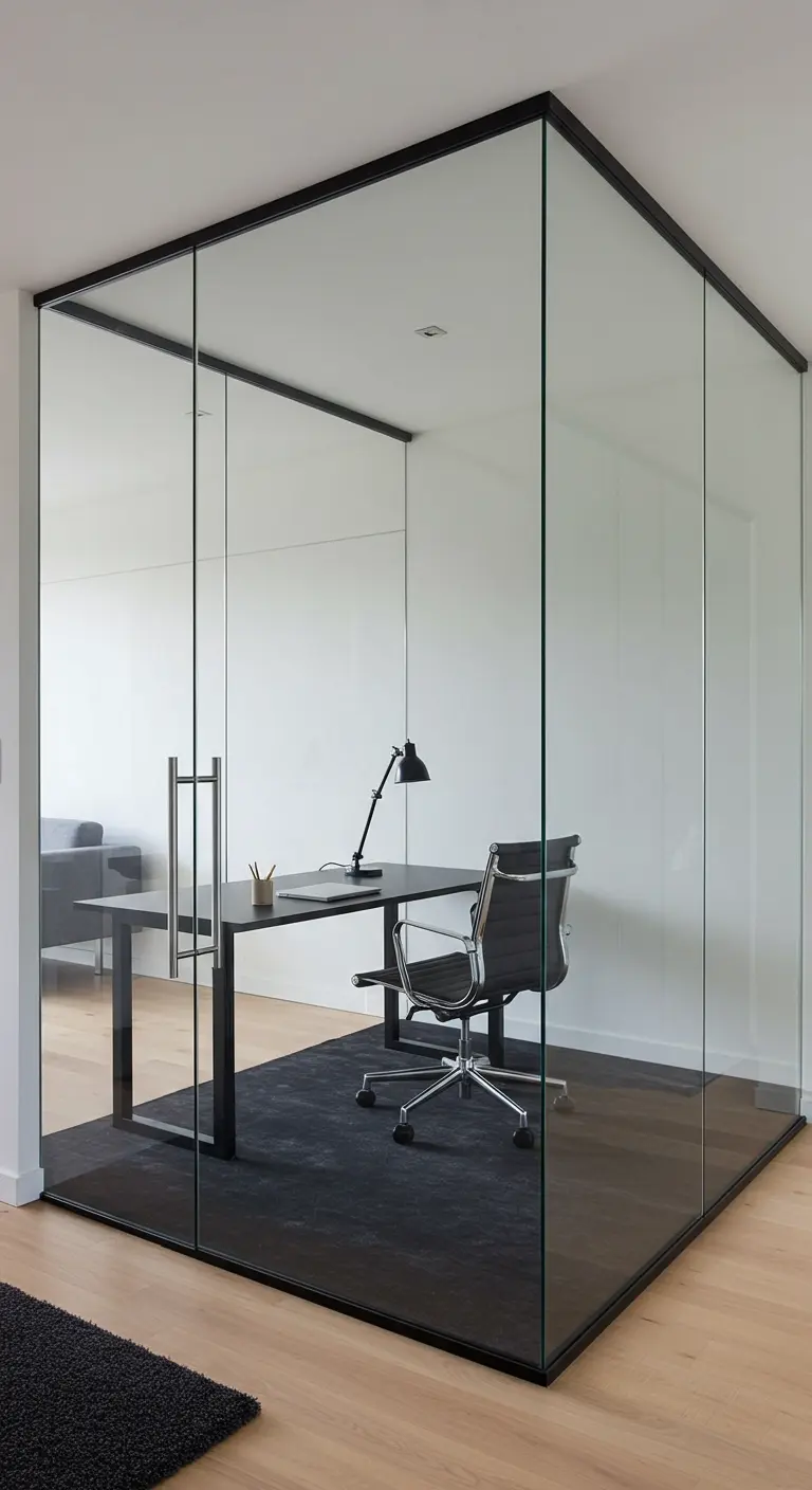 Bureau moderne installé à l'intérieur d'un cube de verre aux montants noirs.