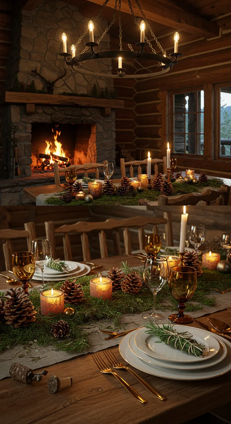 Table de chalet décorée de pommes de pin, de branches de sapin et de bougies parfumées.