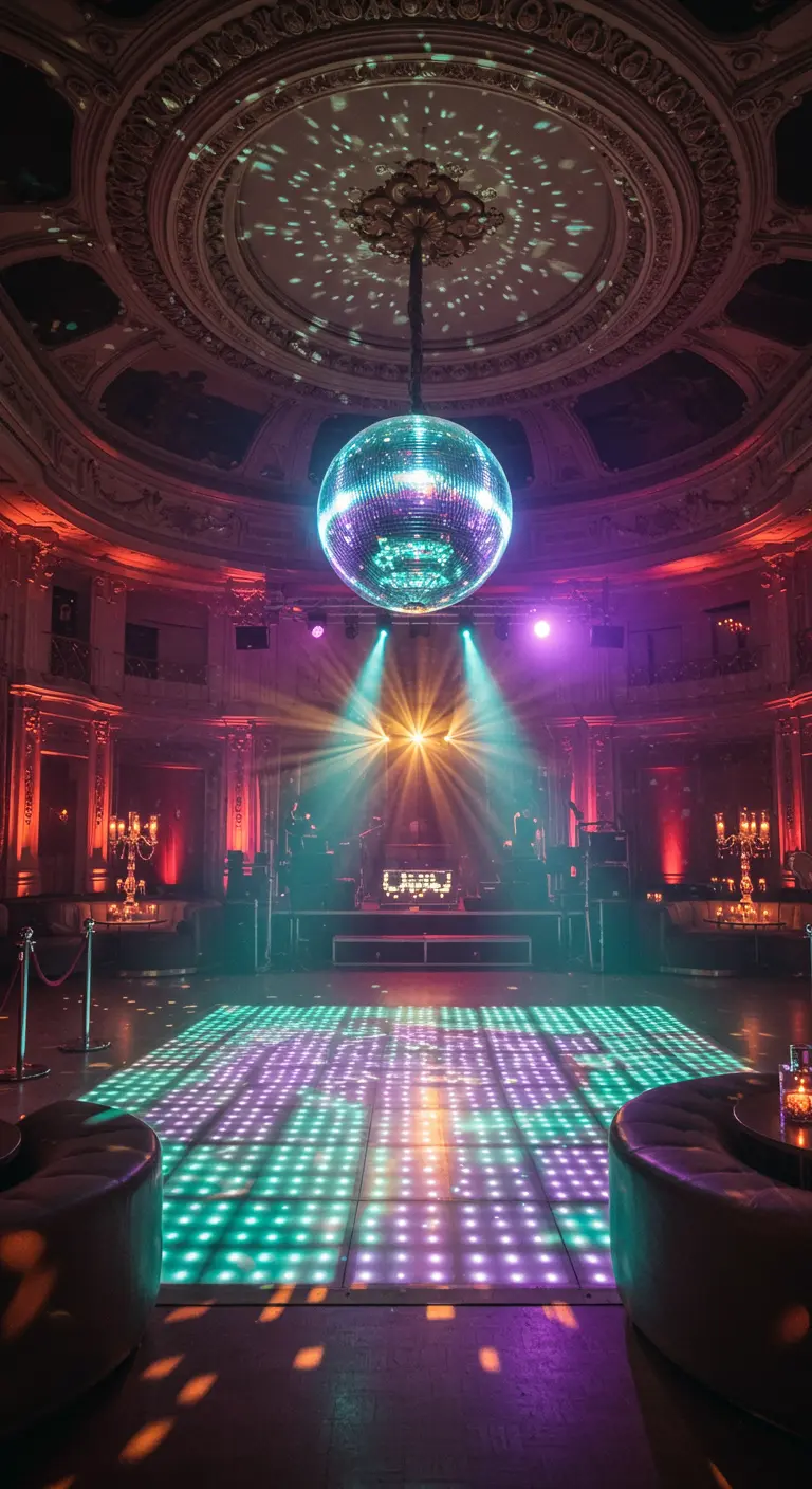 Une unique et immense boule à facettes dans une salle de bal opulente.