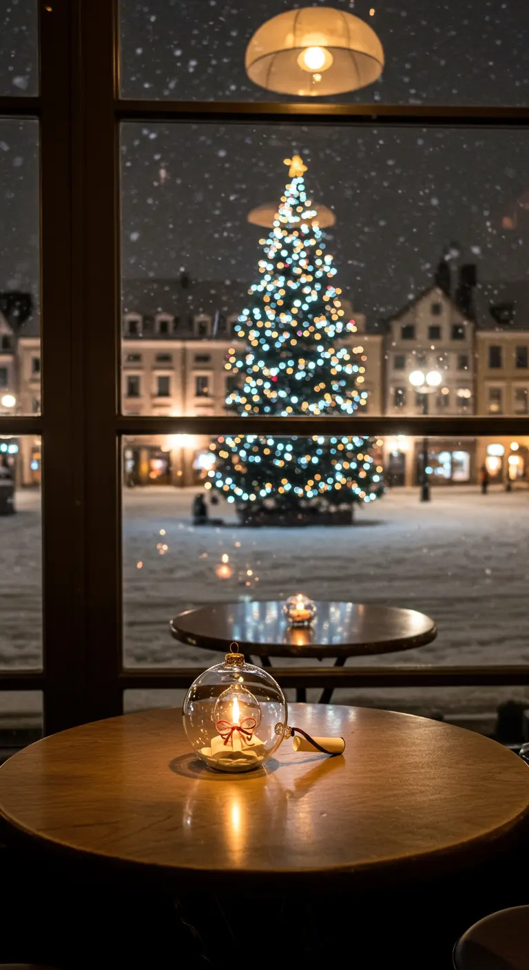 Boule de Noël contenant une bougie, posée sur une table face à une fenêtre enneigée.
