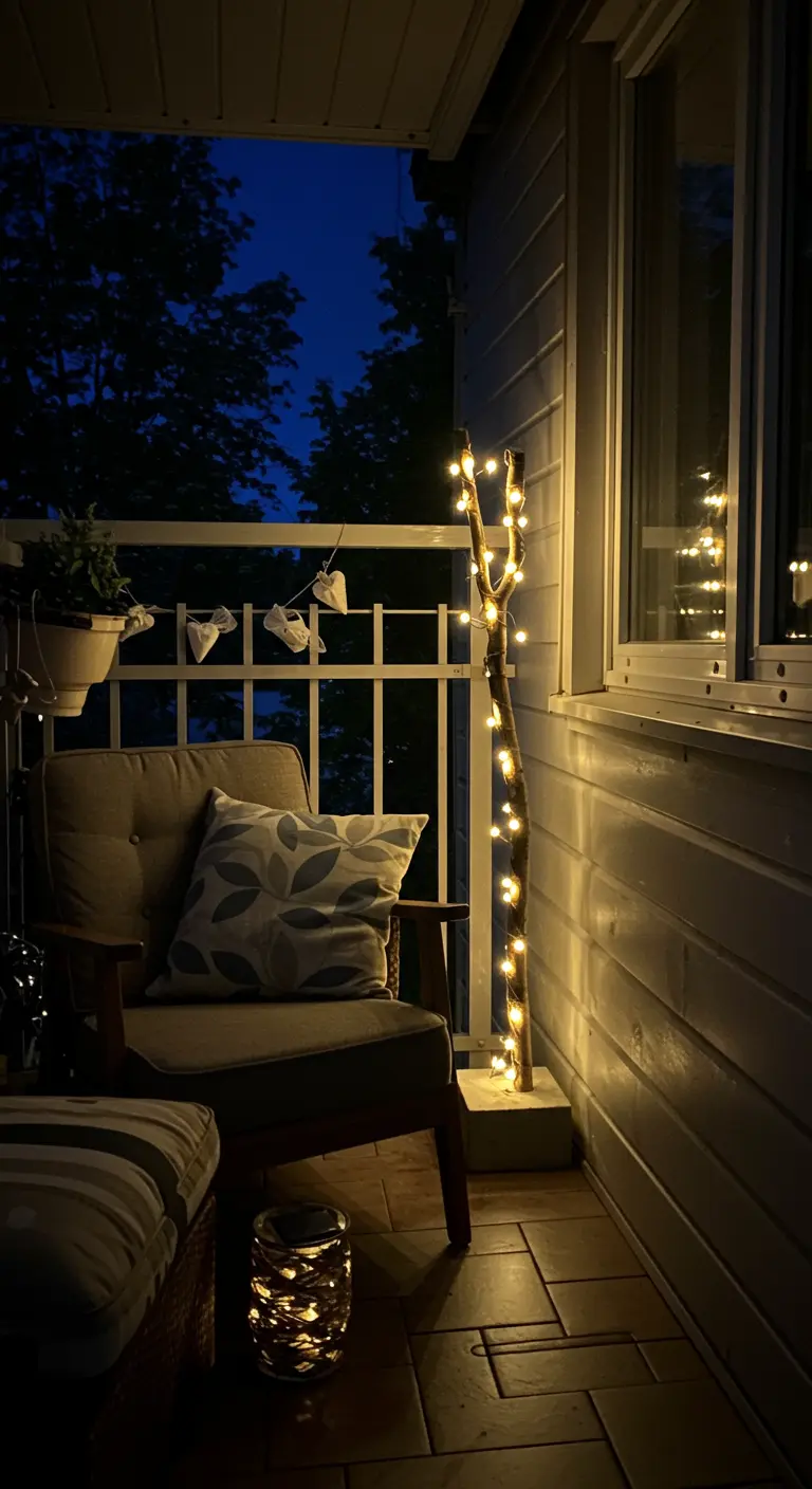 Branche d'arbre décorative enroulée d'une guirlande lumineuse dans un coin de balcon.