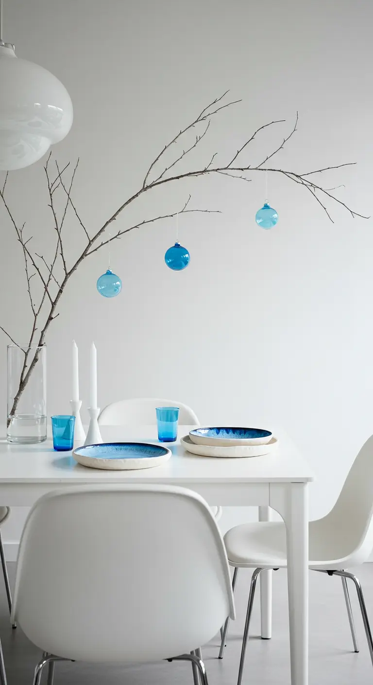 Décoration de table minimaliste avec une seule branche et des boules de Noël bleues.
