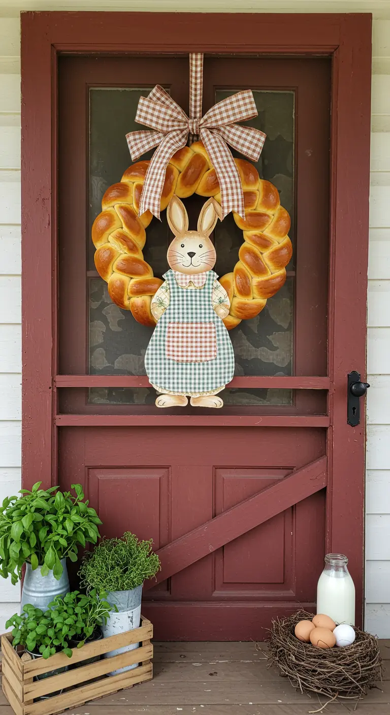 Couronne en forme de brioche tressée avec un lapin en bois décoré.