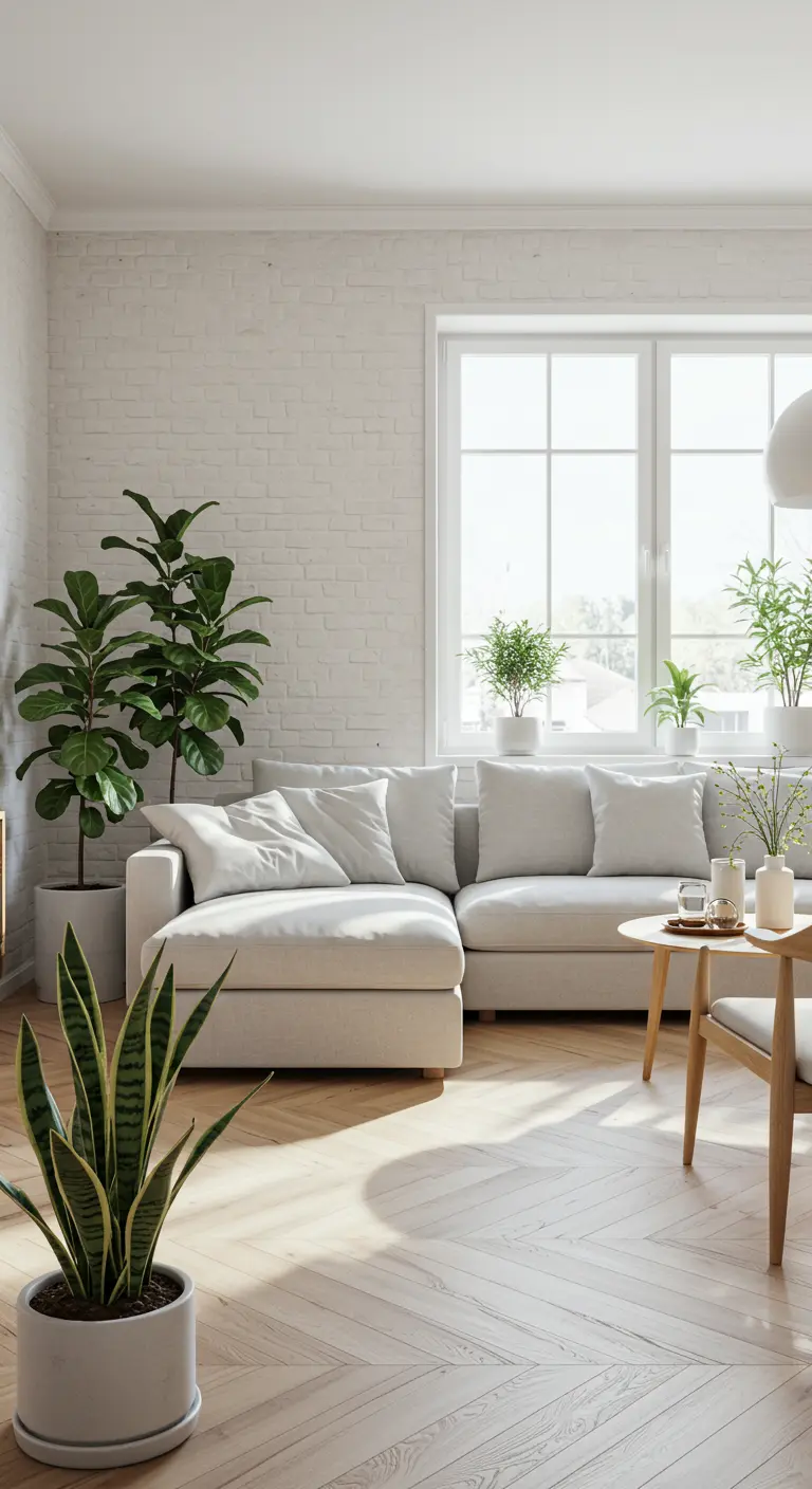 Salon lumineux avec mur de briques peintes en blanc, canapé clair et plantes vertes.