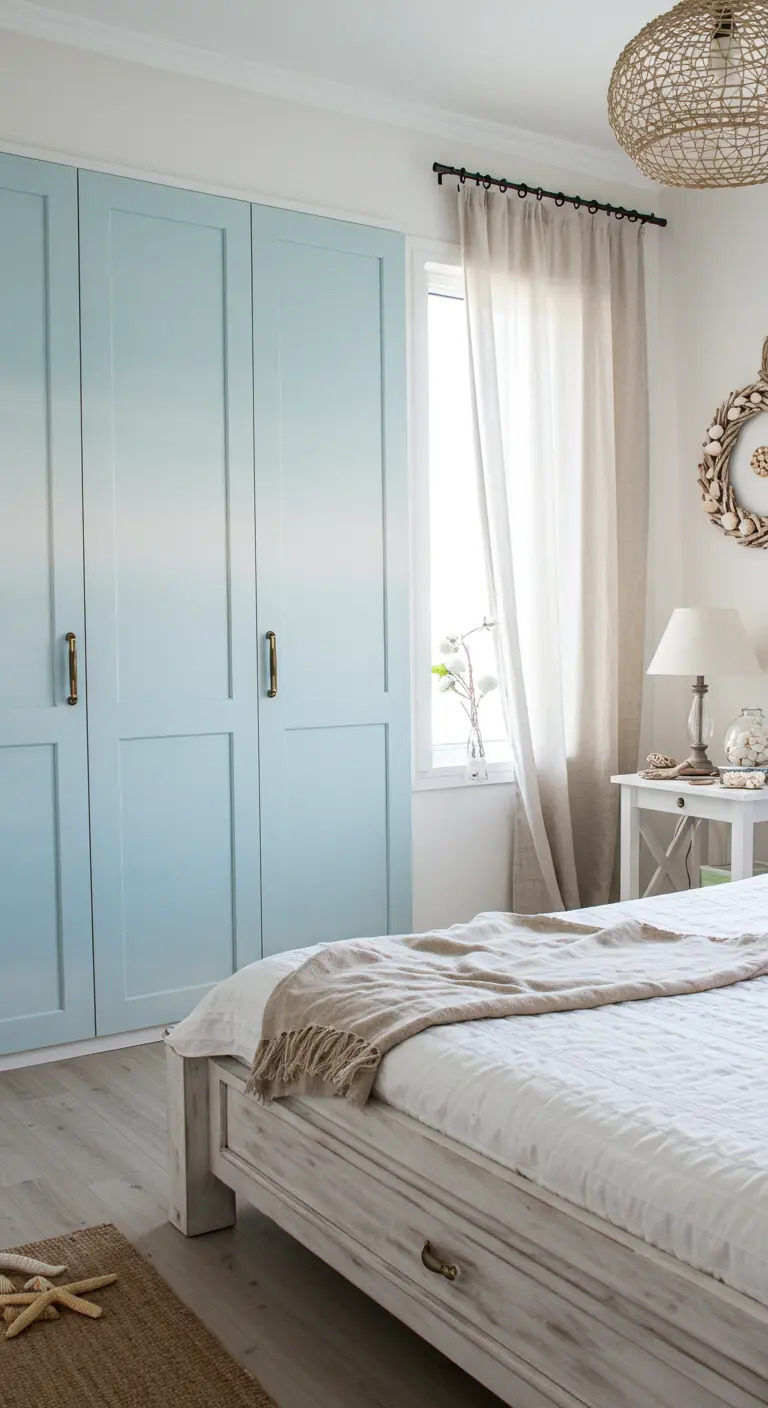 Armoire de chambre peinte dans une nuance de bleu ciel doux et poudré.