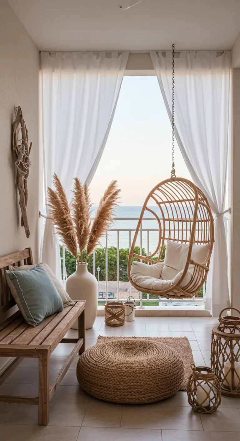 Balcon de style côtier avec fauteuil suspendu en rotin et voilages blancs vaporeux.