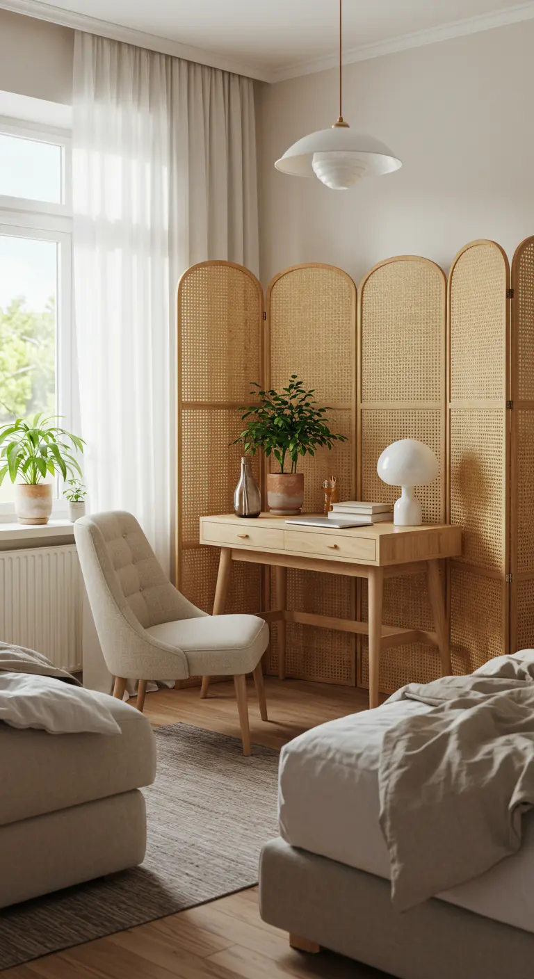 Coin bureau dans une chambre séparé par un paravent en cannage.