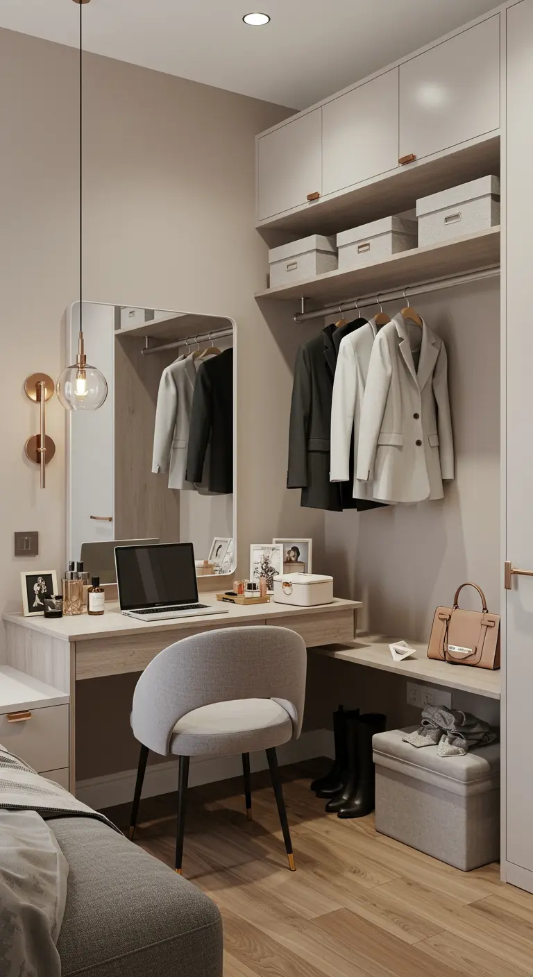 Dressing compact avec coiffeuse intégrée, rangements hauts et éclairage d'appoint.