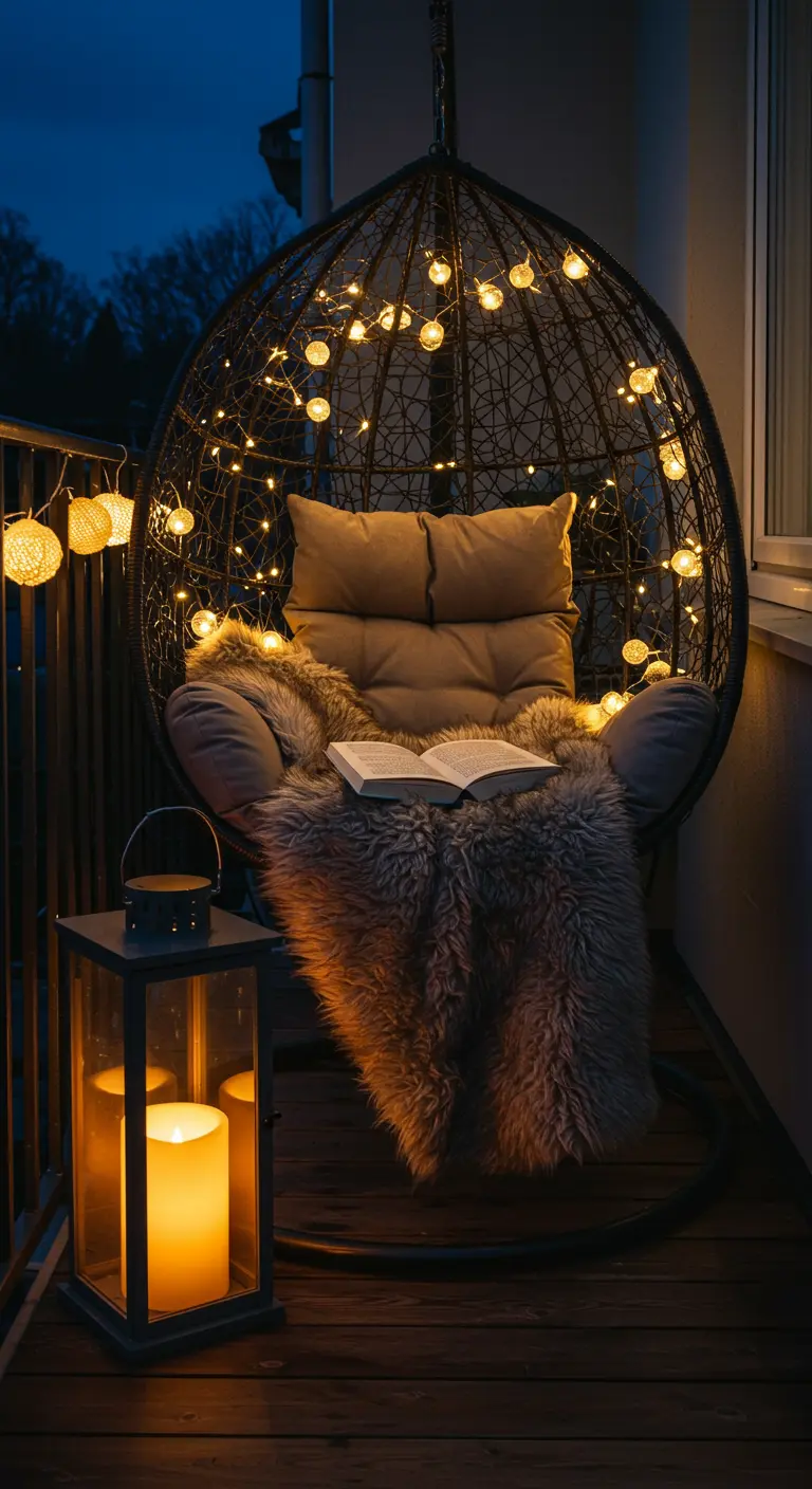 Fauteuil suspendu en forme d'œuf décoré de guirlandes lumineuses et de peaux de mouton.