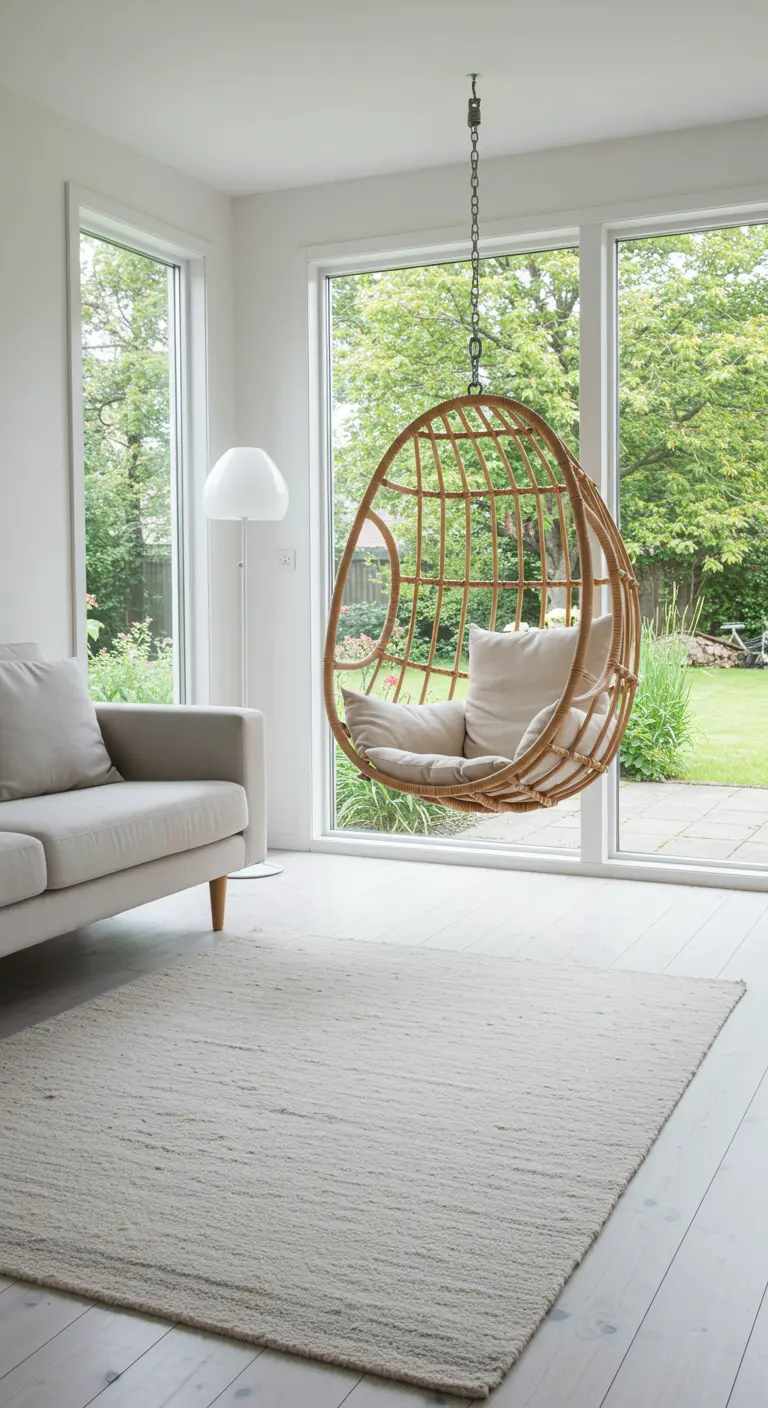 Fauteuil suspendu en rotin dans un coin lumineux d'un salon blanc.