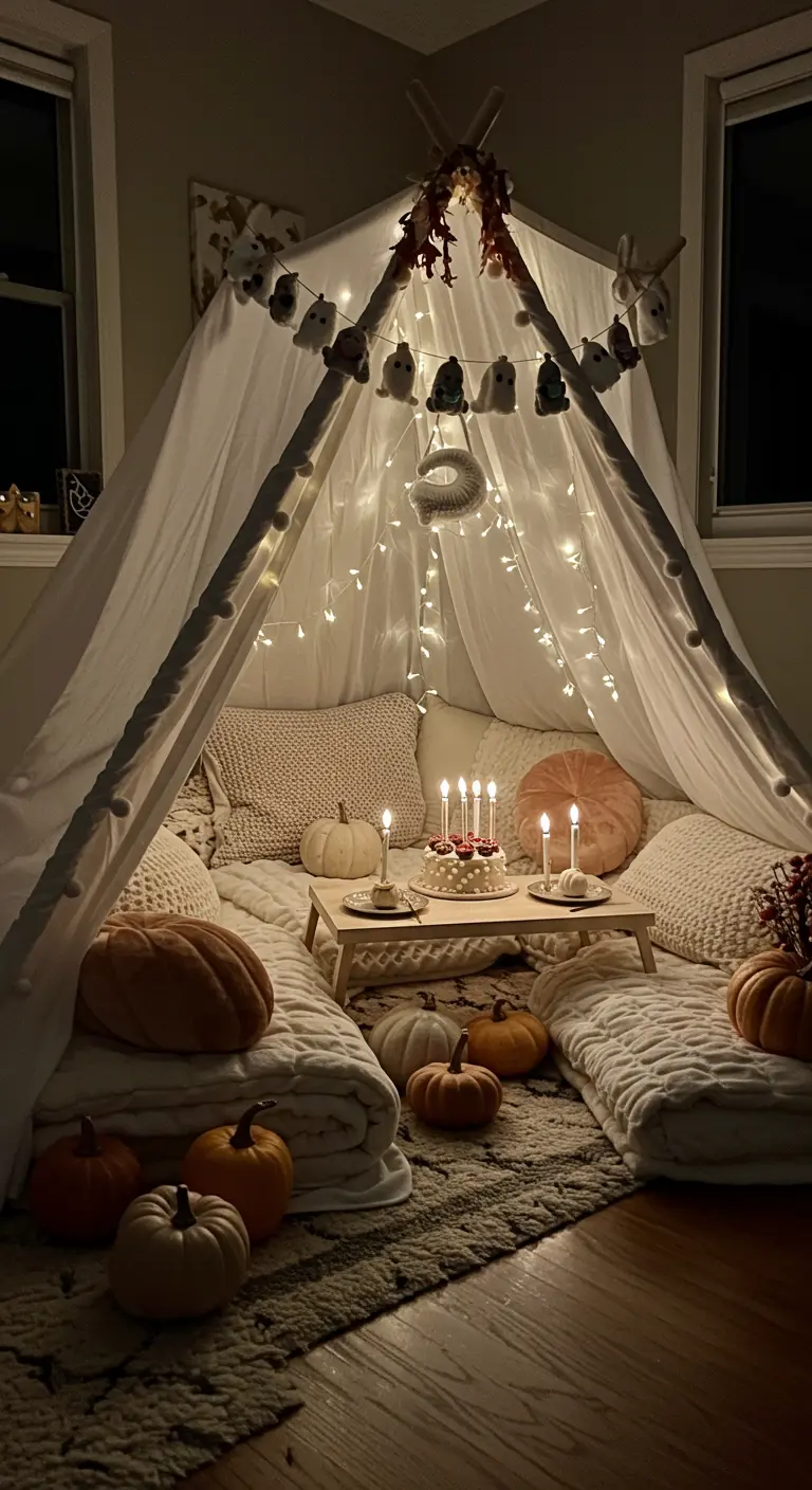 Tipi illuminé avec des coussins et des citrouilles pour une soirée pyjama.