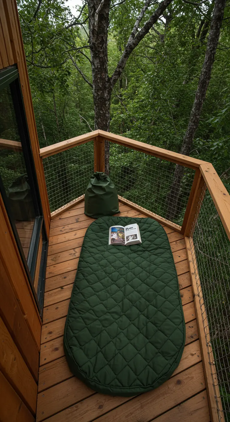 Matelas-pouf vert déplié sur le balcon en bois d'une cabane dans les bois.