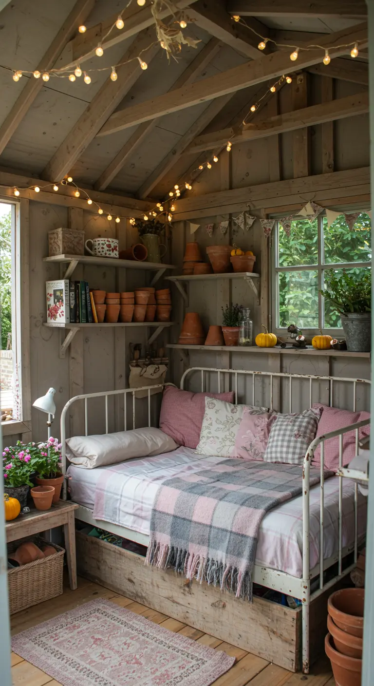 Intérieur d'une cabane de jardin aménagée en chambre cosy avec guirlandes