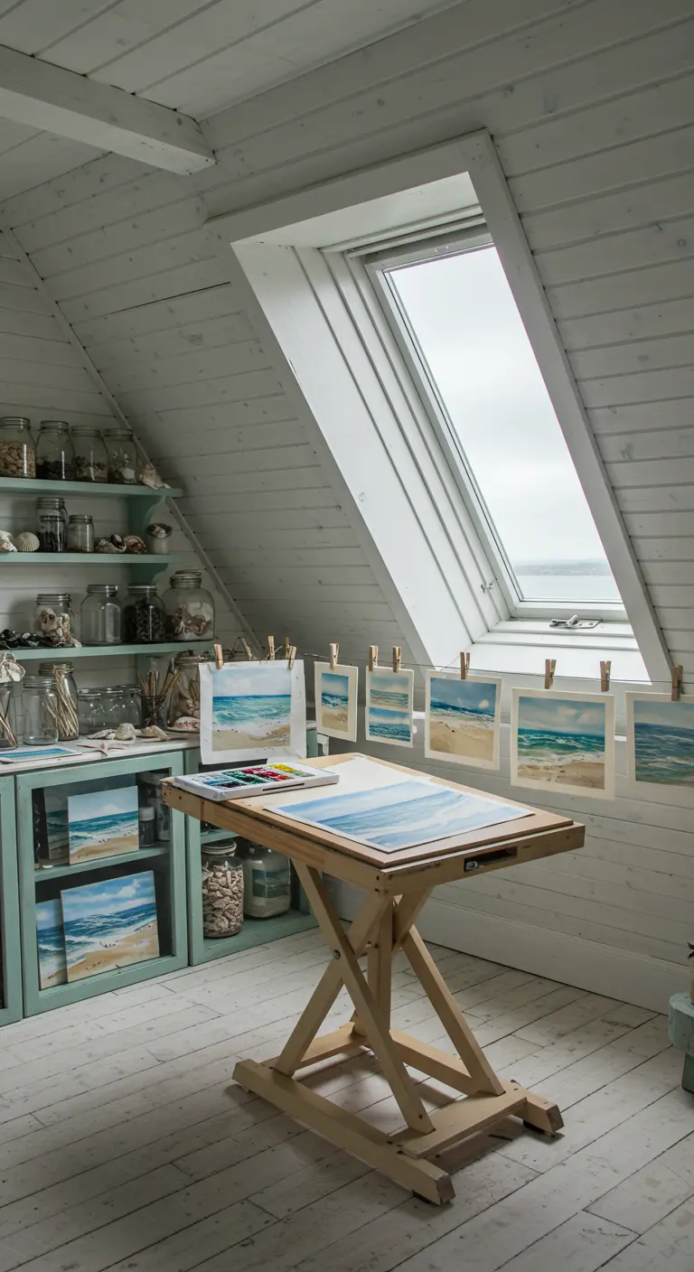 Atelier d'aquarelliste sous les toits avec vue sur la mer et des peintures séchant sur un fil.