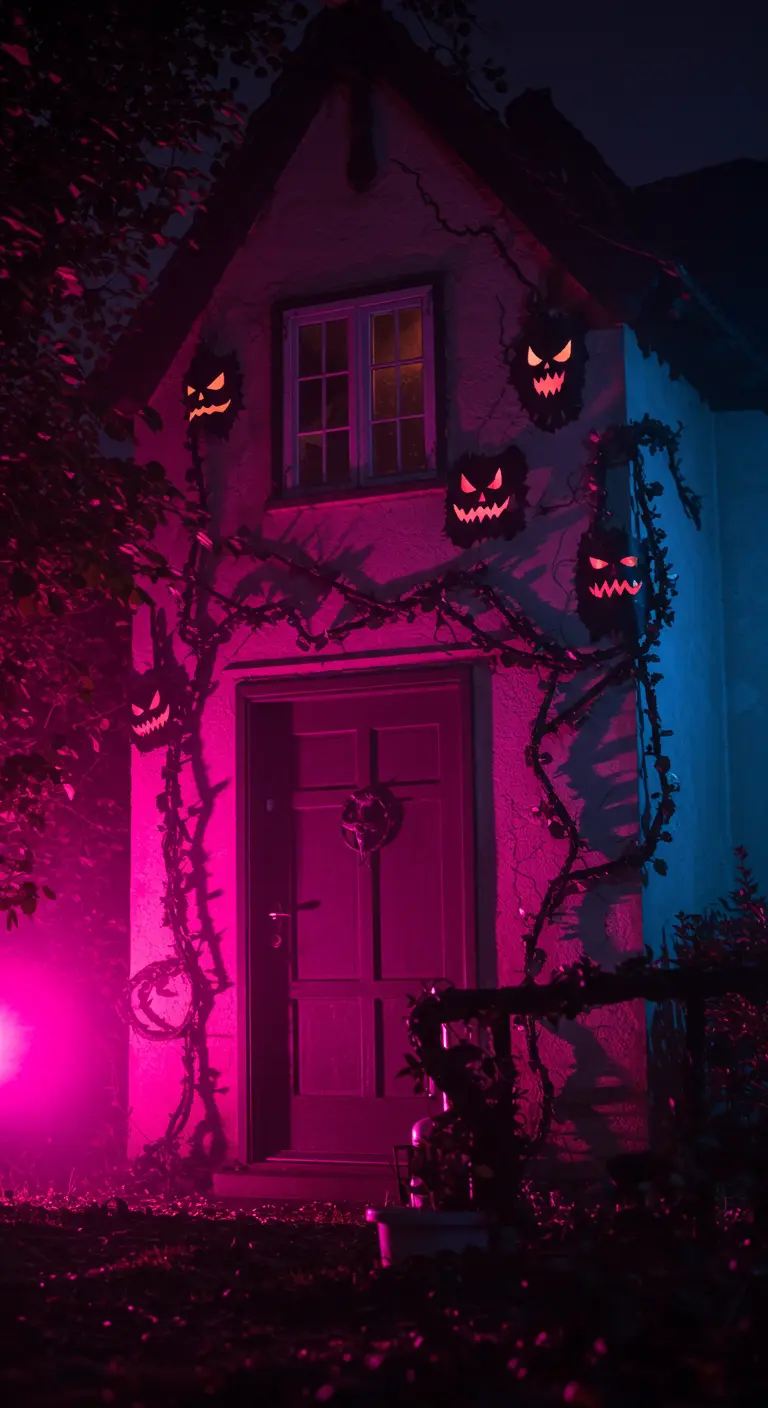Petite maison éclairée en rose et bleu fluo avec des citrouilles noires grimaçantes.