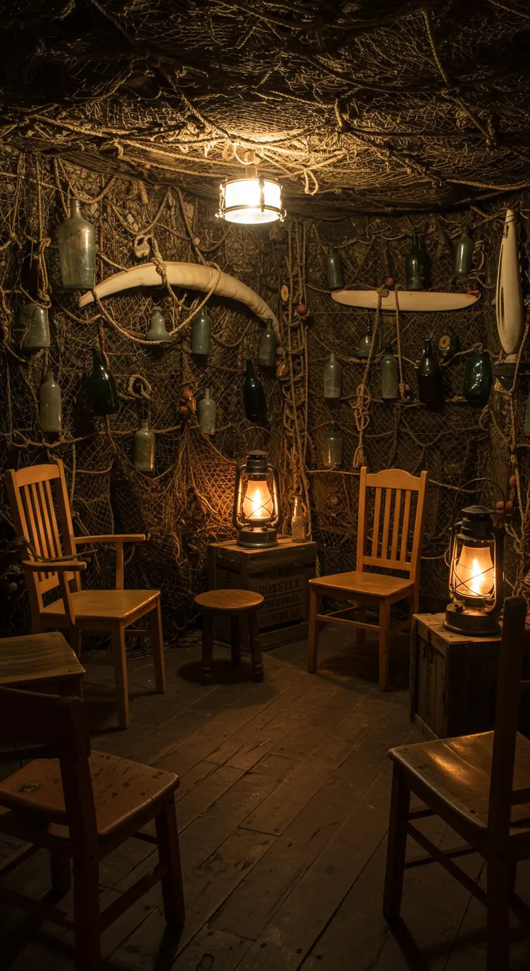 Pièce rustique entièrement recouverte de filets de pêche, éclairée par une lanterne.