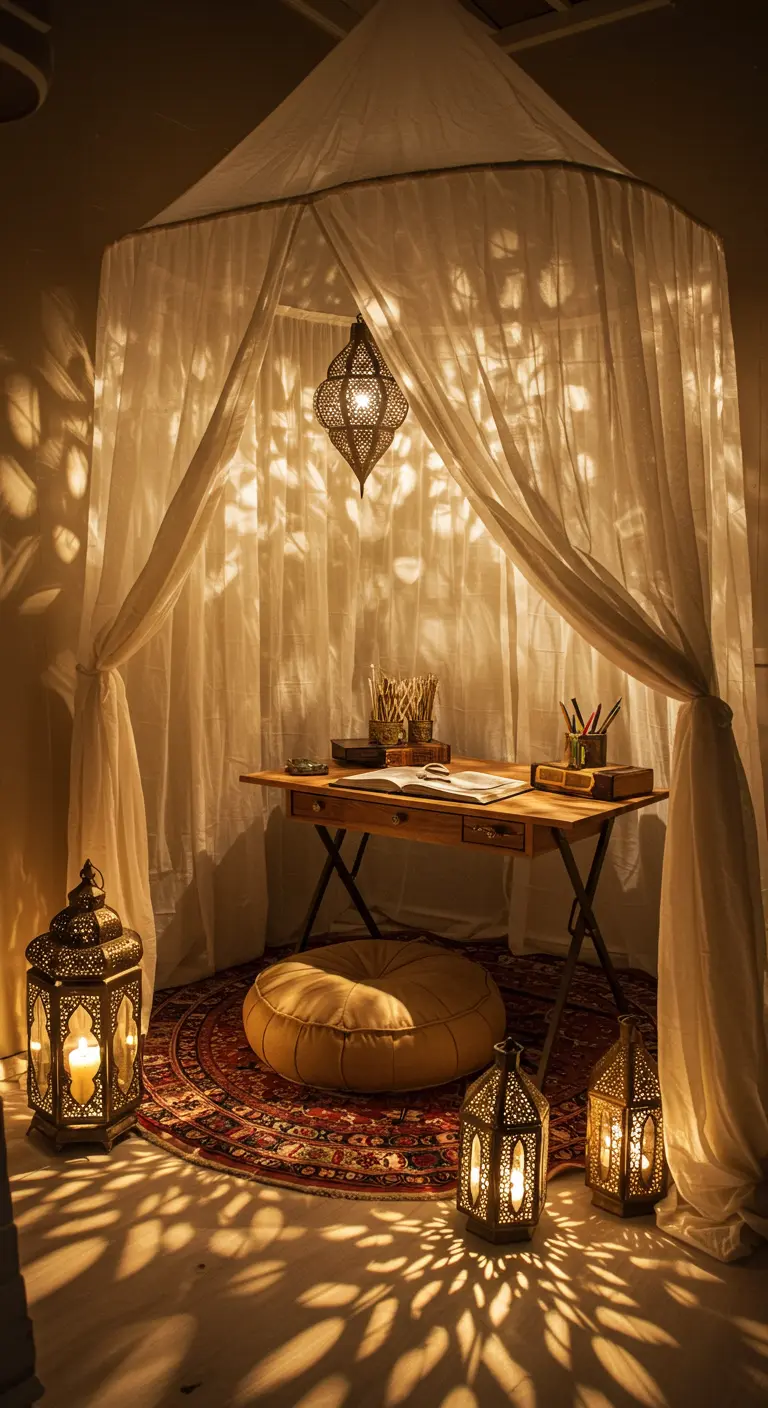 Bureau sous un baldaquin en tissu avec des lanternes marocaines au sol.